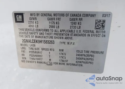 2017 Chevrolet Equinox Lt z USA, uszkodzony, nr VIN 2GNALCEK9H1583263